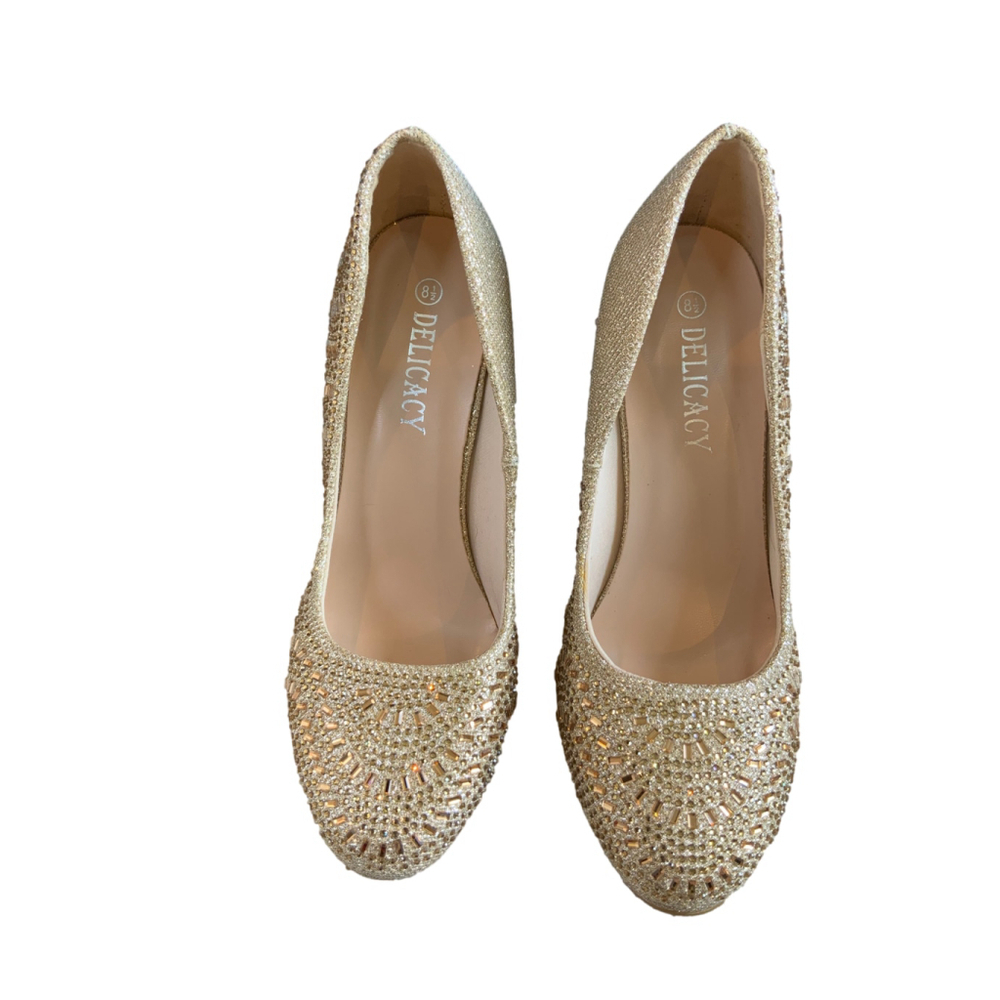 Delicacy Woman's Heels Size 8.5 Gold Rhinstones Glam Baddie Coquette Girlhood